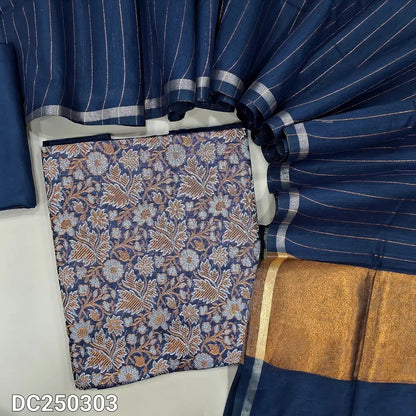 Benarasi woven Blue soft silk cotton unstitched salwar material(lining needed) heavy benarasi woven design allover, matching silk cotton bottom, zari lines on silk cotton dupatta with copper tissue pallu & tassels. DC250303