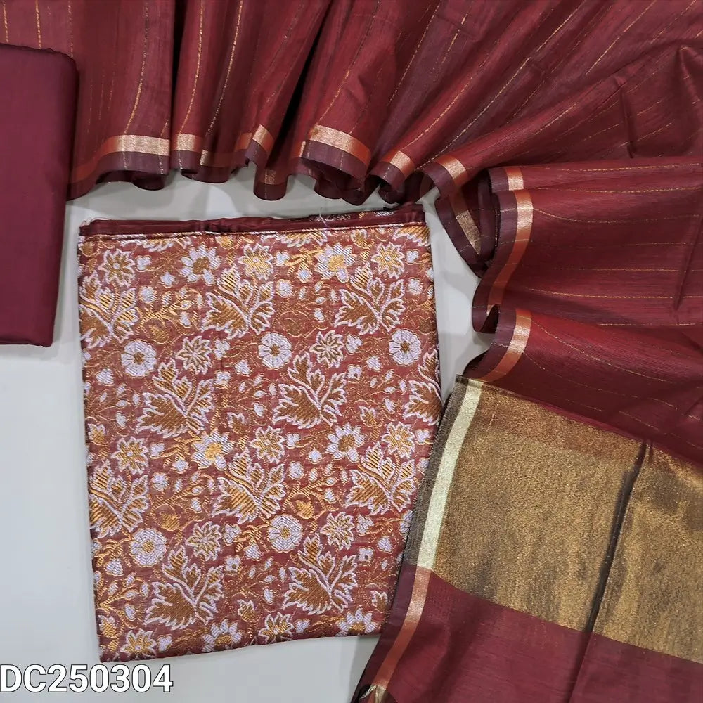 Benarasi woven Maroon soft silk cotton unstitched salwar material(lining needed) heavy benarasi woven design allover, matching silk cotton bottom, zari lines on silk cotton dupatta with copper tissue pallu & tassels. DC250304