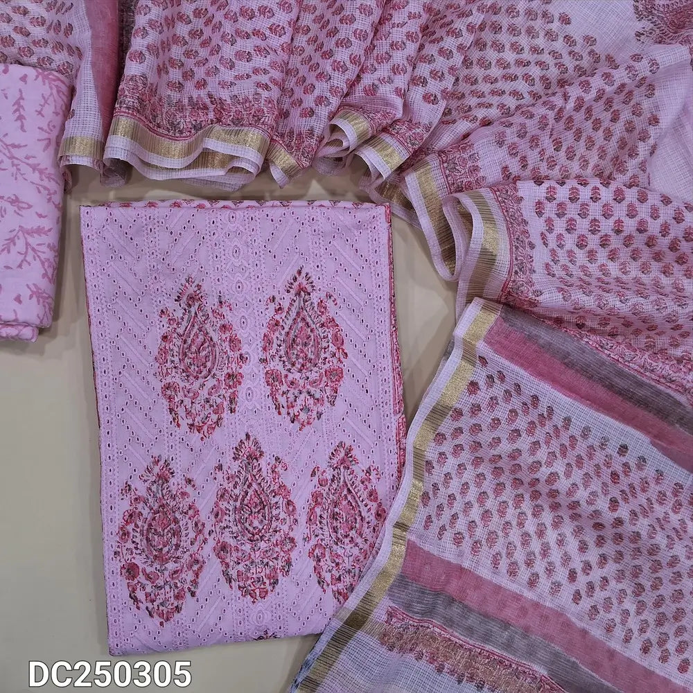 Pastel Pink block printed chikankari embroidered mul cotton unstitched salwar material, panel pattern on front(lining needed)block printed cotton bottom, block printed kota cotton dupatta with gold tissue border. DC250305