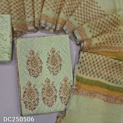Pastel Green block printed chikankari embroidered mul cotton unstitched salwar material, panel pattern on front(lining needed)block printed cotton bottom, block printed kota cotton dupatta with gold tissue border. DC250306