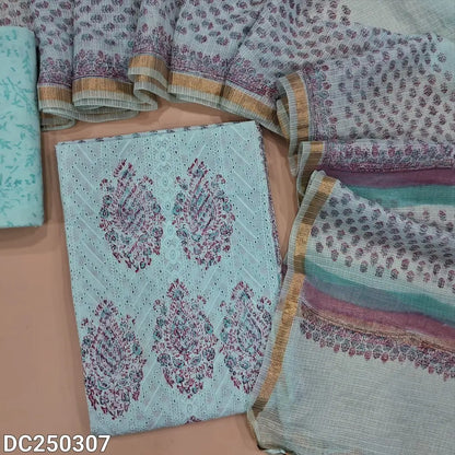 Pastel Blue block printed chikankari embroidered mul cotton unstitched salwar material, panel pattern on front(lining needed)block printed cotton bottom, block printed kota cotton dupatta with gold tissue border. DC250307
