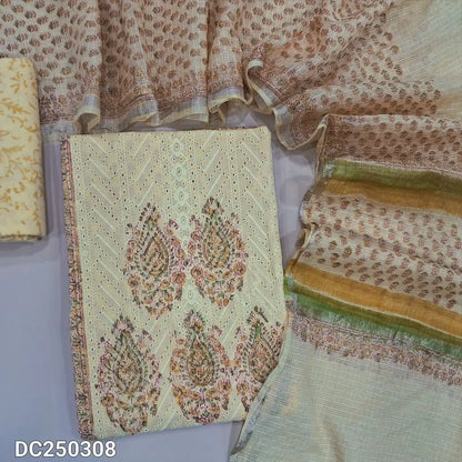 Pastel Yellow block printed chikankari embroidered mul cotton unstitched salwar material, panel pattern on front(lining needed)block printed cotton bottom, block printed kota cotton dupatta with gold tissue border. DC250308