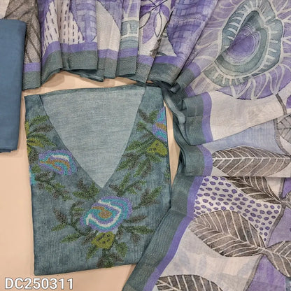 Designer Blue & golden tint premium pure Tissue silk unstitched salwar material(lining needed) heavy colorful bead embroidery work on yoke, matching santoon bottom, digital print tissue silk full length dupatta. DC250311