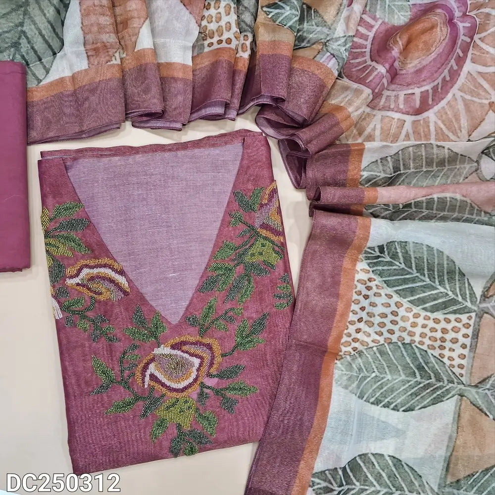 Designer Pink & golden tint premium pure Tissue silk unstitched salwar material(lining needed) heavy colorful bead embroidery work on yoke, matching santoon bottom, digital print tissue silk full length dupatta. DC250312