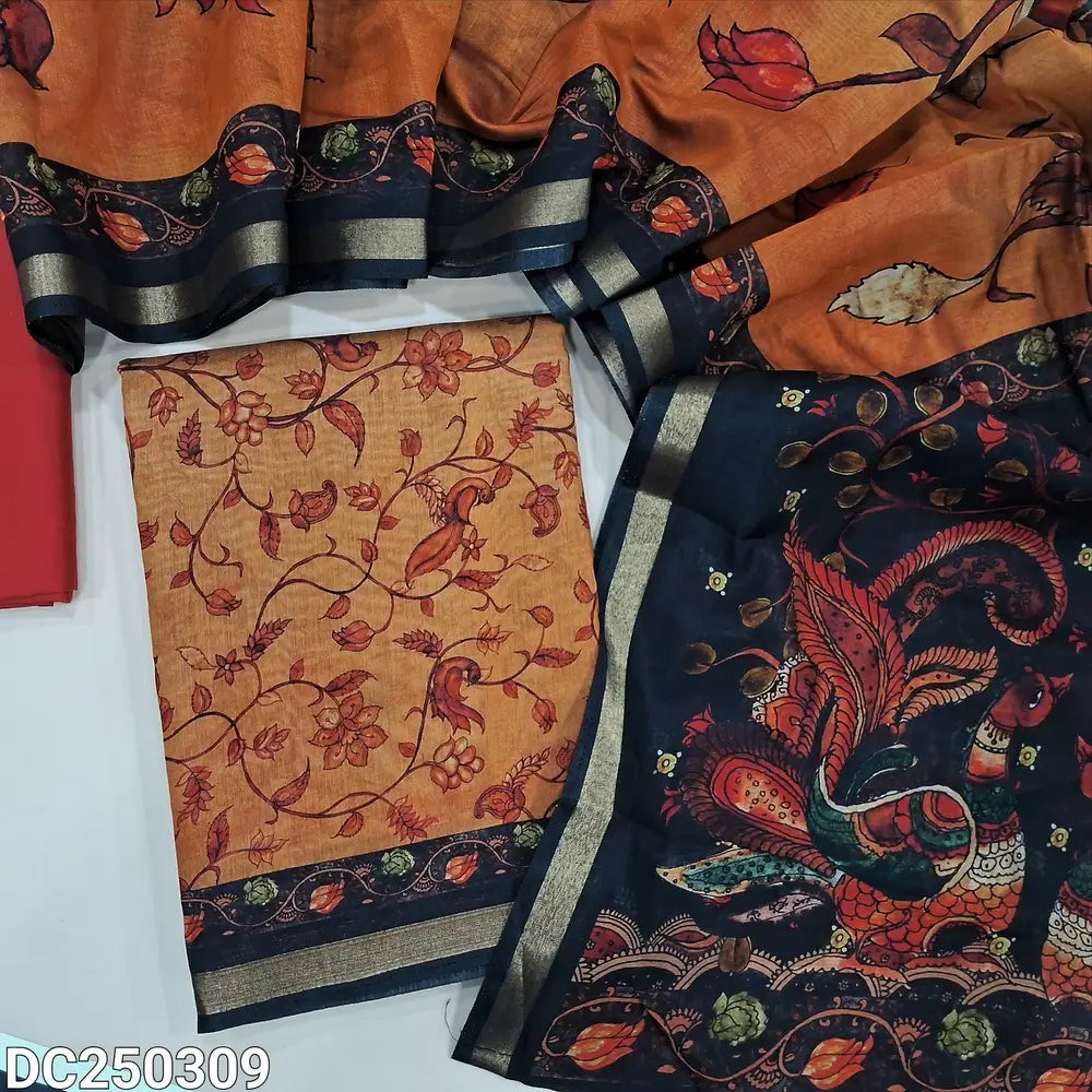 Light Orange premium silk cotton unstitched salwar material(lining needed) printed allover, reddish maroon spun cotton bottom, digital print silk cotton full length dupatta. DC250309