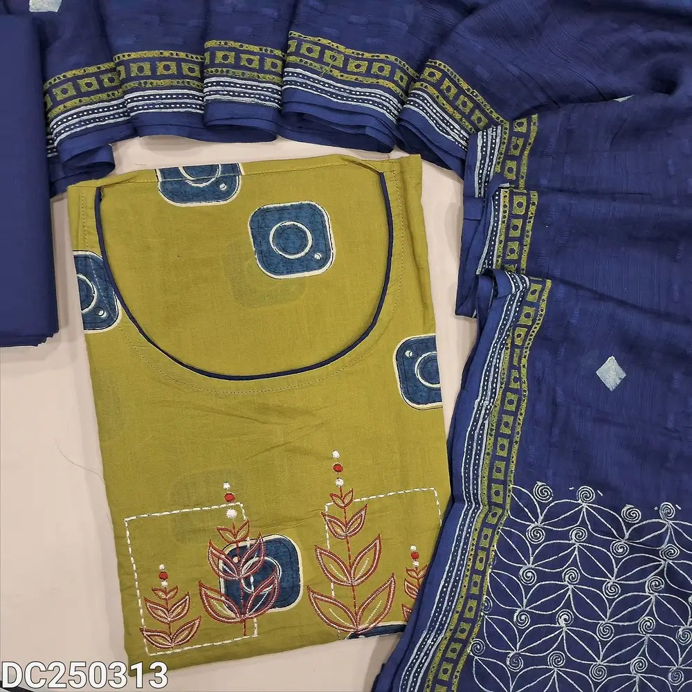 Block printed Yellow cotton unstitched salwar material(lining optional) embroidery work on yoke, blue cotton bottom, printed jakard cotton dupatta. DC250313