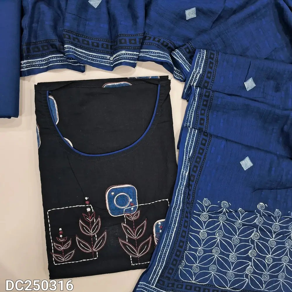 Block printed Black cotton unstitched salwar material(lining optional) embroidery work on yoke, blue cotton bottom, printed jakard cotton dupatta. DC250315