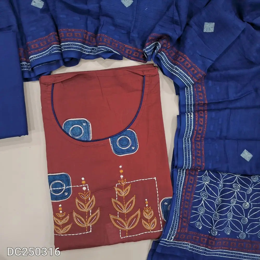 Block printed Maroon cotton unstitched salwar material(lining optional) embroidery work on yoke, blue cotton bottom, printed jakard cotton dupatta. DC250316