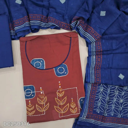 Block printed Maroon cotton unstitched salwar material(lining optional) embroidery work on yoke, blue cotton bottom, printed jakard cotton dupatta. DC250316