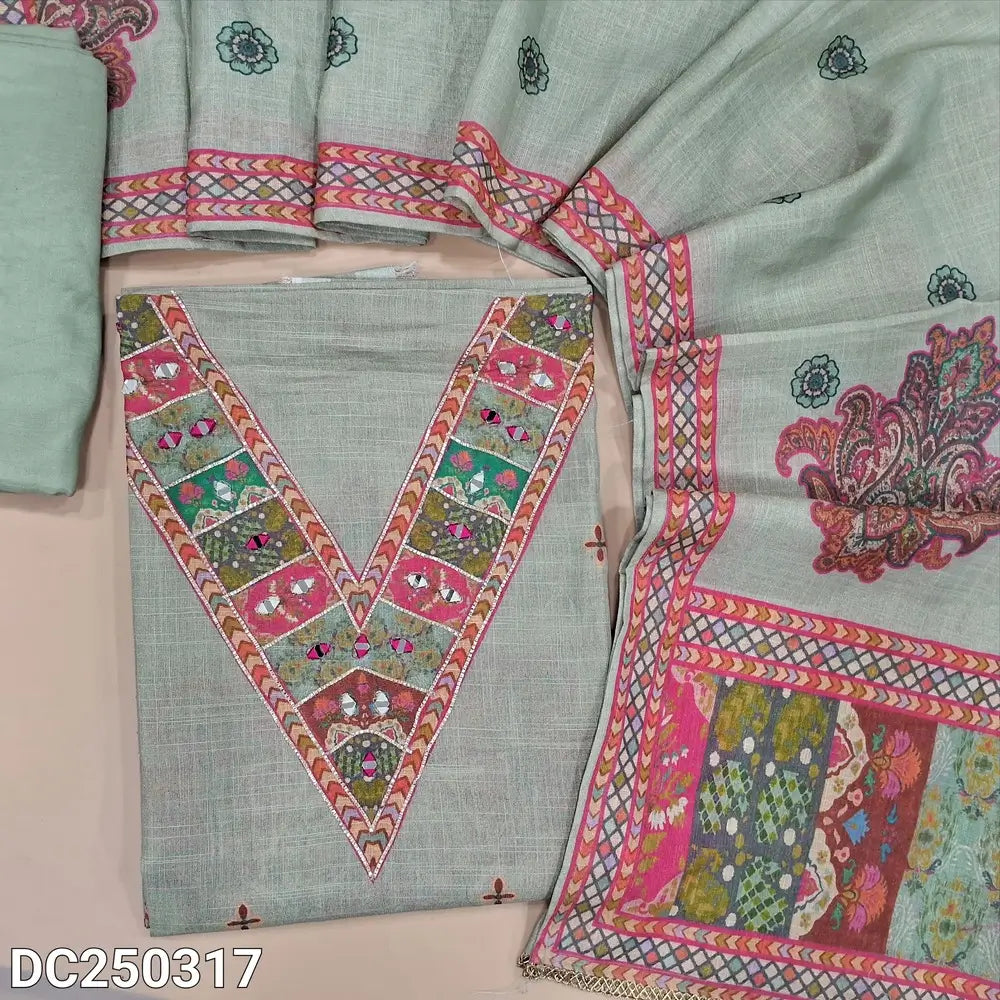 Designer digital print light Green & golden tint tissue silk cotton unstitched salwar material(lining needed) zari, real mirror work on yoke & daman, matching santoon bottom, digital print tissue silk cotton short width dupatta. DC250317