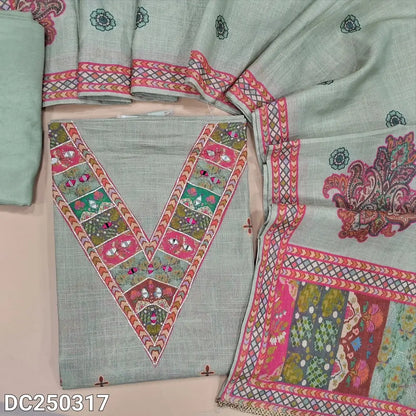 Designer digital print light Green & golden tint tissue silk cotton unstitched salwar material(lining needed) zari, real mirror work on yoke & daman, matching santoon bottom, digital print tissue silk cotton short width dupatta. DC250317