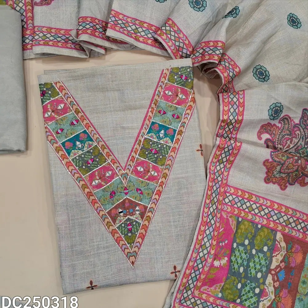 Designer digital print rich Beige & golden tint tissue silk cotton unstitched salwar material(lining needed) zari, real mirror work on yoke & daman, matching santoon bottom, digital print tissue silk cotton short width dupatta. DC250318