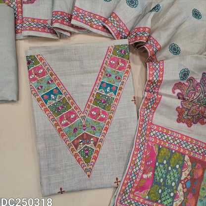 Designer digital print rich Beige & golden tint tissue silk cotton unstitched salwar material(lining needed) zari, real mirror work on yoke & daman, matching santoon bottom, digital print tissue silk cotton short width dupatta. DC250318