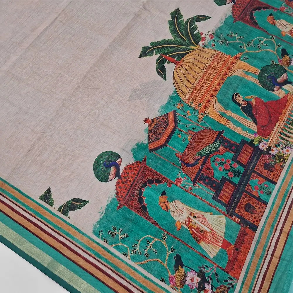 Digital printed rich Beige premium silk cotton unstitched salwar material(lining needed) multicolor border, light turquoise green spun cotton bottom, digital print silk cotton full length dupatta. DC250401