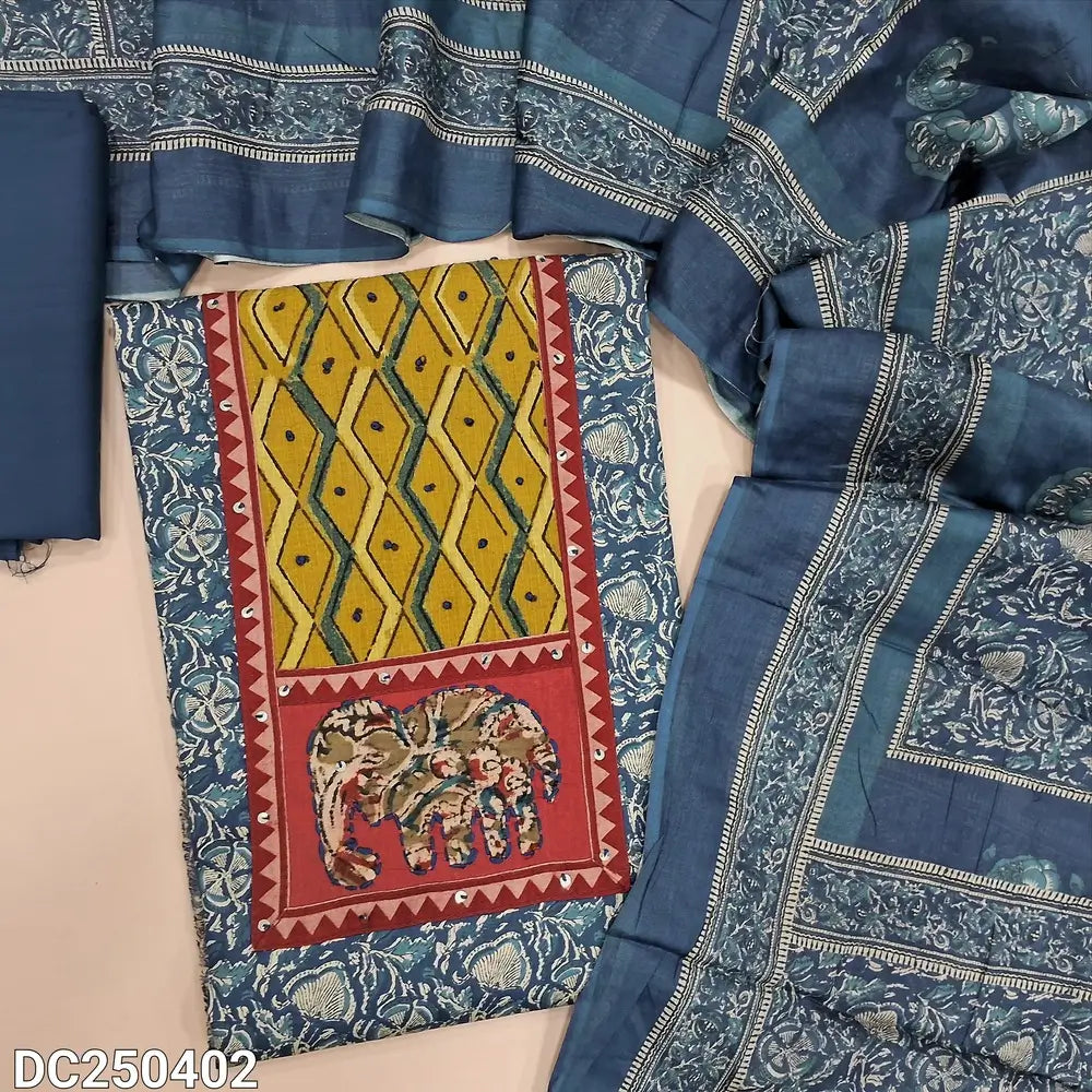 Floral printed Blue cotton unstitched salwar material(lining optional) applique, ajrak print on yoke, matching spun cotton bottom, printed soft cotton dupatta. DC250402