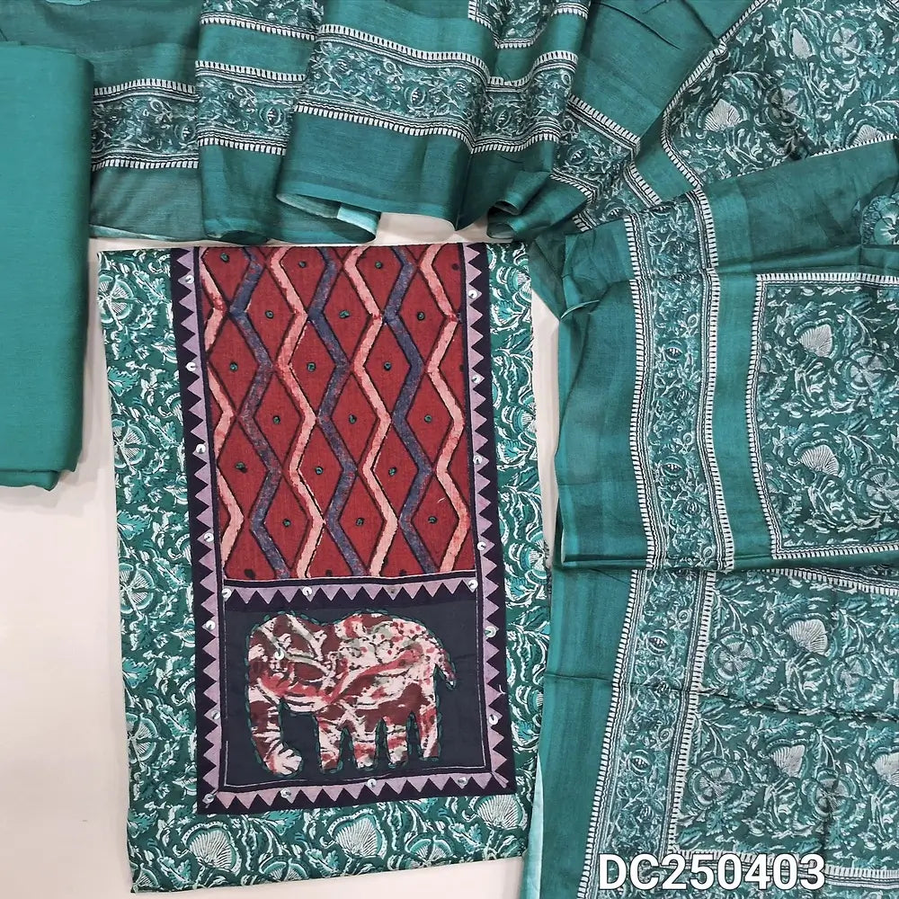 Floral printed teal Green cotton unstitched salwar material(lining optional) applique, ajrak print on yoke, matching spun cotton bottom, printed soft cotton dupatta. DC250403