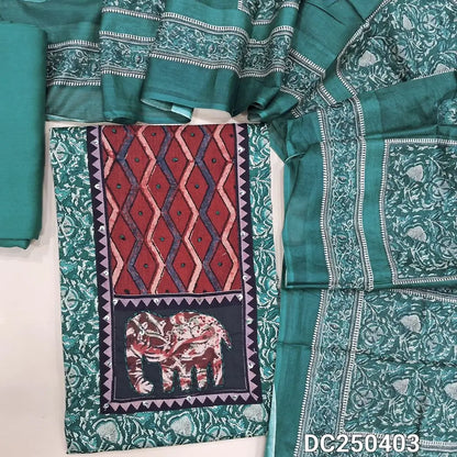 Floral printed teal Green cotton unstitched salwar material(lining optional) applique, ajrak print on yoke, matching spun cotton bottom, printed soft cotton dupatta. DC250403