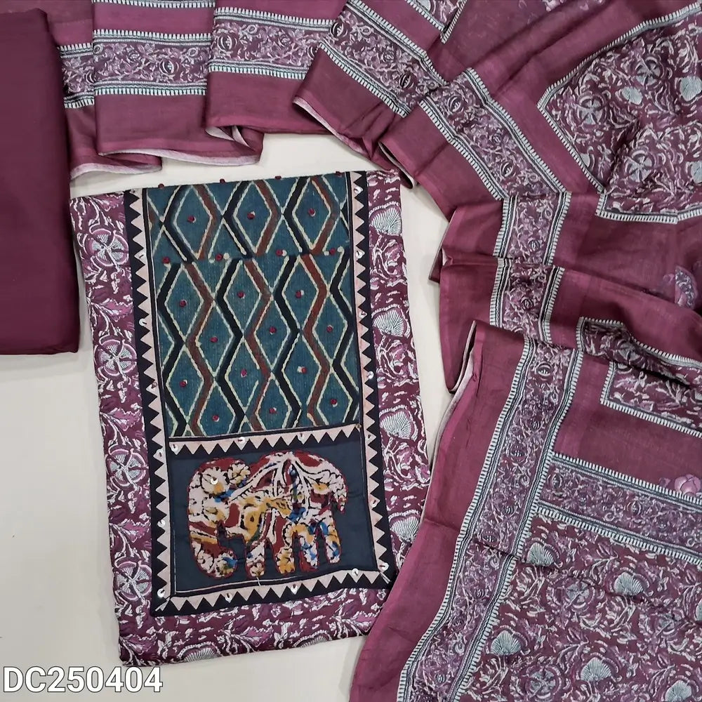 Floral printed dark Maroon cotton unstitched salwar material(lining optional) applique, ajrak print on yoke, matching spun cotton bottom, printed soft cotton dupatta. DC250404