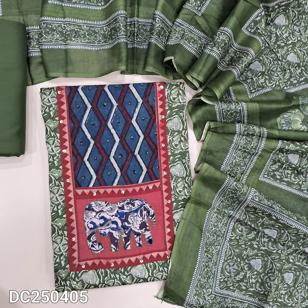 Floral printed mossy Green cotton unstitched salwar material(lining optional) applique, ajrak print on yoke, matching spun cotton bottom, printed soft cotton dupatta. DC250405
