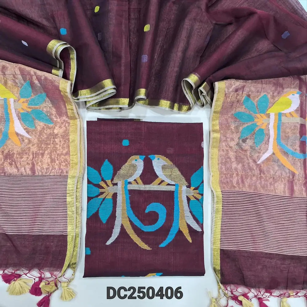 Maroon muslin jamdani unstitched salwar material, thread weaving on yoke& front(thin, lining needed)NO BOTTOM, muslin jamdani full length dupatta with gold tissue pallu& paithani weaving. DC250406