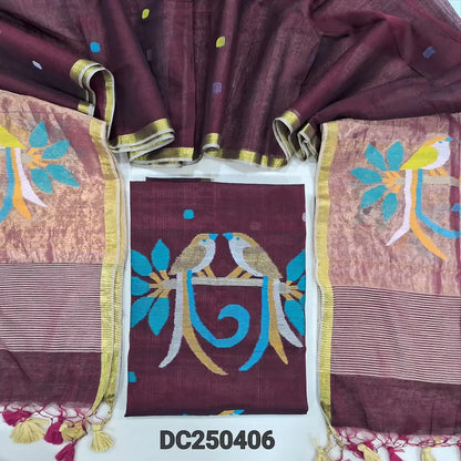 Maroon muslin jamdani unstitched salwar material, thread weaving on yoke& front(thin, lining needed)NO BOTTOM, muslin jamdani full length dupatta with gold tissue pallu& paithani weaving. DC250406