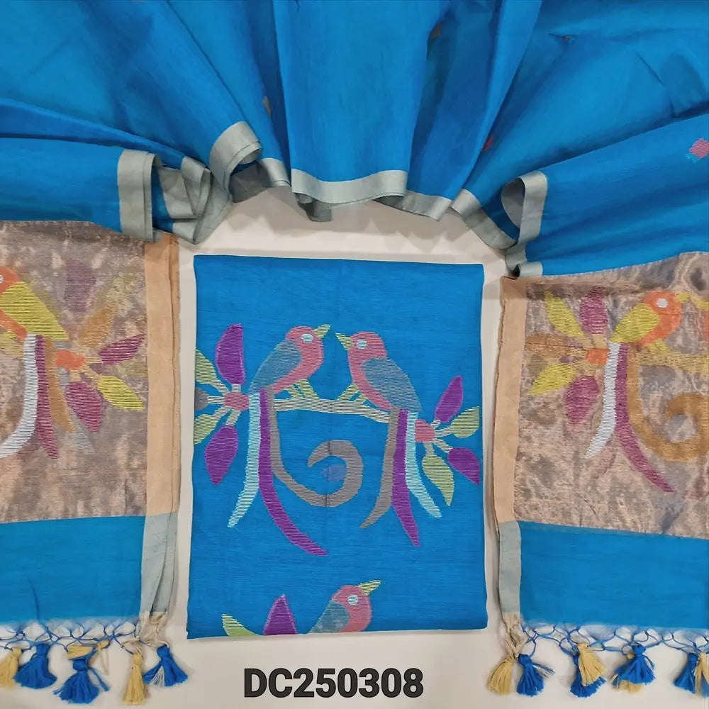 Turquoise Blue muslin jamdani unstitched salwar material, thread weaving on yoke& front(thin, lining needed)NO BOTTOM, muslin jamdani full length dupatta with gold tissue pallu& paithani weaving. DC250408