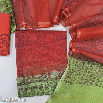 Orange & Green kota cotton unstitched salwar material(lining needed) hand block printed allover, lining included, block printed purple cotton bottom, hand block printed kota cotton dupatta. DC250409
