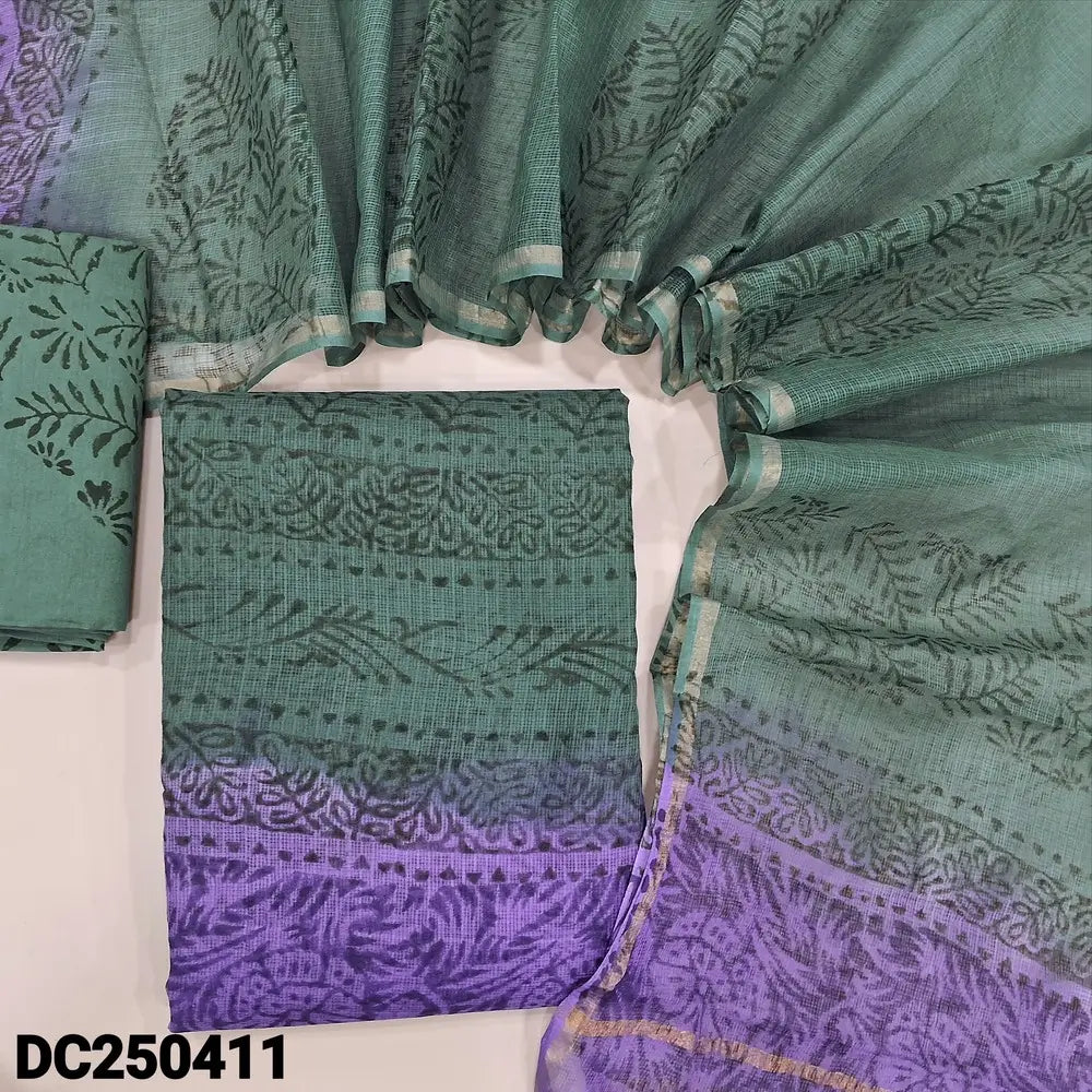 Greenish grey & Purple kota cotton unstitched salwar material(lining needed) hand block printed allover, lining included, block printed grey cotton bottom, hand block printed kota cotton dupatta. DC250411