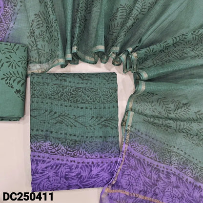 Greenish grey & Purple kota cotton unstitched salwar material(lining needed) hand block printed allover, lining included, block printed grey cotton bottom, hand block printed kota cotton dupatta. DC250411