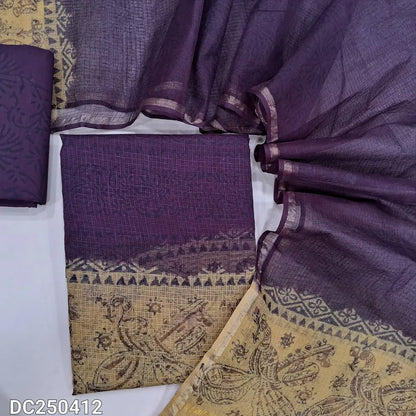 Deep wine Purple & Beige kota cotton unstitched salwar material(lining needed) hand block printed allover, lining included, block printed wine purple cotton bottom, hand block printed kota cotton dupatta. DC250412
