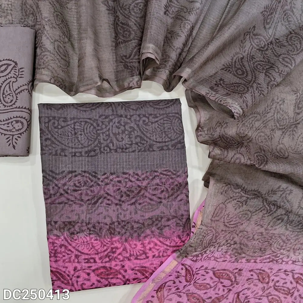 Chocolate Brown & pink kota cotton unstitched salwar material(lining needed) hand block printed allover, lining included, block printed brown cotton bottom, hand block printed kota cotton dupatta. DC250413