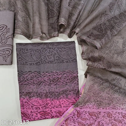 Chocolate Brown & pink kota cotton unstitched salwar material(lining needed) hand block printed allover, lining included, block printed brown cotton bottom, hand block printed kota cotton dupatta. DC250413