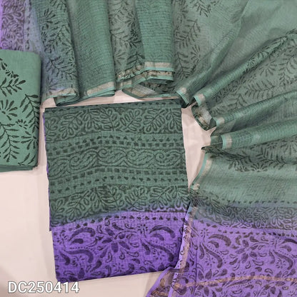 Greenish grey & purple kota cotton unstitched salwar material(lining needed) hand block printed allover, lining included, block printed greenish grey cotton bottom, hand block printed kota cotton dupatta. DC250414