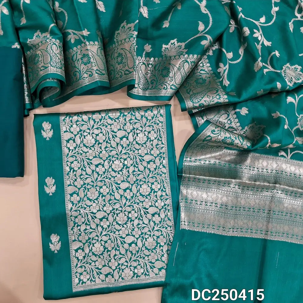 PREORDER 1 WEEK Turquoise Green silk cotton unstitched salwar material(lining needed) heavy benaras woven on yoke, zari woven buttas allover, matching silk cotton bottom, rich benaras weaving silk cotton dupatta with tassels. DC250416