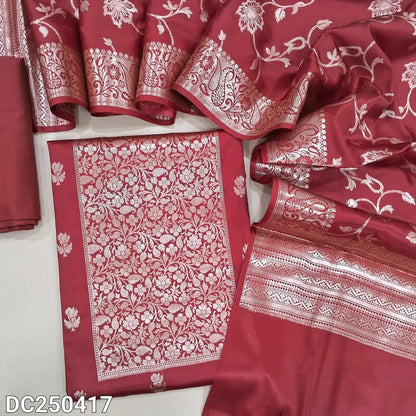 Red silk cotton unstitched salwar material(lining needed) heavy benaras woven on yoke, zari woven buttas allover, matching silk cotton bottom, rich benaras weaving silk cotton dupatta with tassels. DC250417