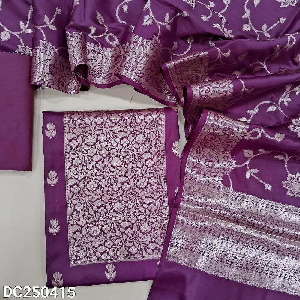 Beetroot Purple silk cotton unstitched salwar material(lining needed) heavy benaras woven on yoke, zari woven buttas allover, matching silk cotton bottom, rich benaras weaving silk cotton dupatta with tassels. DC250415
