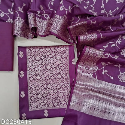 Beetroot Purple silk cotton unstitched salwar material(lining needed) heavy benaras woven on yoke, zari woven buttas allover, matching silk cotton bottom, rich benaras weaving silk cotton dupatta with tassels. DC250415