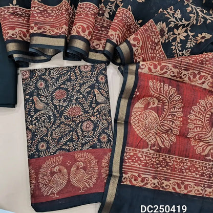 Floral printed Black premium silk cotton unstitched salwar material(lining needed) printed reddish maroon daman, matching spun cotton bottom, floral printed premium silk cotton full length dupatta with printed reddish maroon pallu. DC250419
