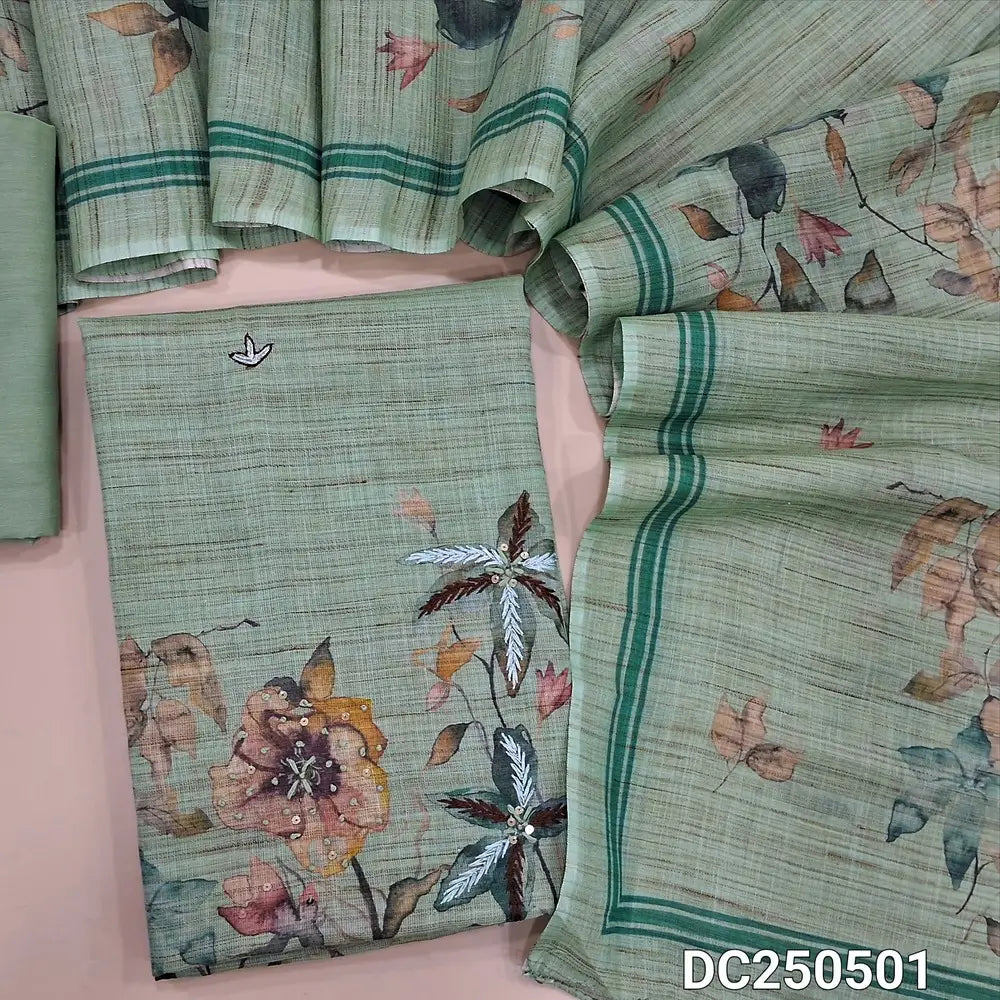 Pastel Blue premium semi linen unstitched salwar material(lining needed) digital print, embroidery work on daman, matching cotton bottom, digital printed semi linen full length dupatta. DC250501