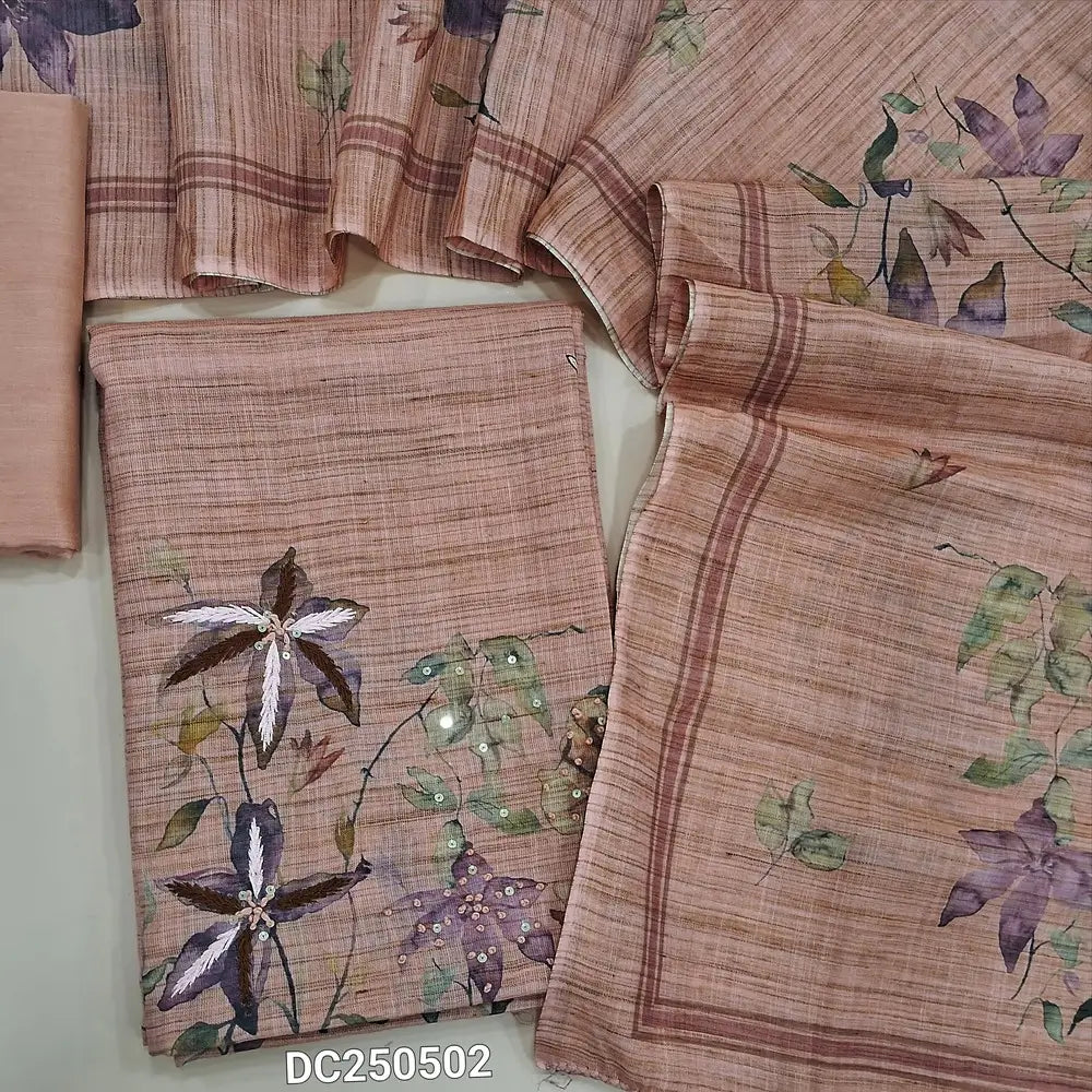 Pastel Pink premium semi linen unstitched salwar material(lining needed) digital print, embroidery work on daman, matching cotton bottom, digital printed semi linen full length dupatta. DC250502