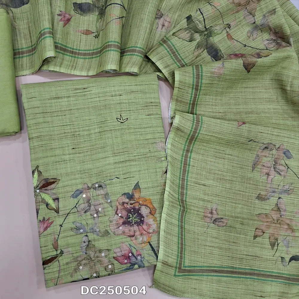 Pastel Green premium semi linen unstitched salwar material(lining needed) digital print, embroidery work on daman, matching cotton bottom, digital printed semi linen full length dupatta. DC250504