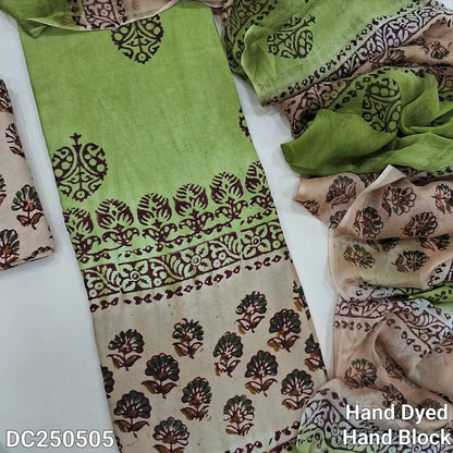 Light Green & Beige crepe silk unstitched salwar material(lining needed) hand block prints allover, block printed santoon bottom, dual shaded hand block printed chiffon dupatta. DC250505(Misprints and overlapping are not considered as defects)
