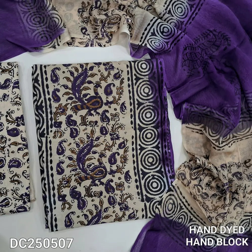 Violet & Beige crepe silk unstitched salwar material(lining needed) hand block prints allover, block printed santoon bottom, dual shaded hand block printed chiffon dupatta. DC250508(Misprints and overlapping are not considered as defects)