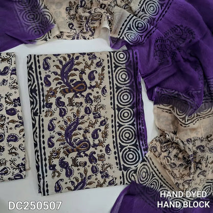 Violet & Beige crepe silk unstitched salwar material(lining needed) hand block prints allover, block printed santoon bottom, dual shaded hand block printed chiffon dupatta. DC250508(Misprints and overlapping are not considered as defects)