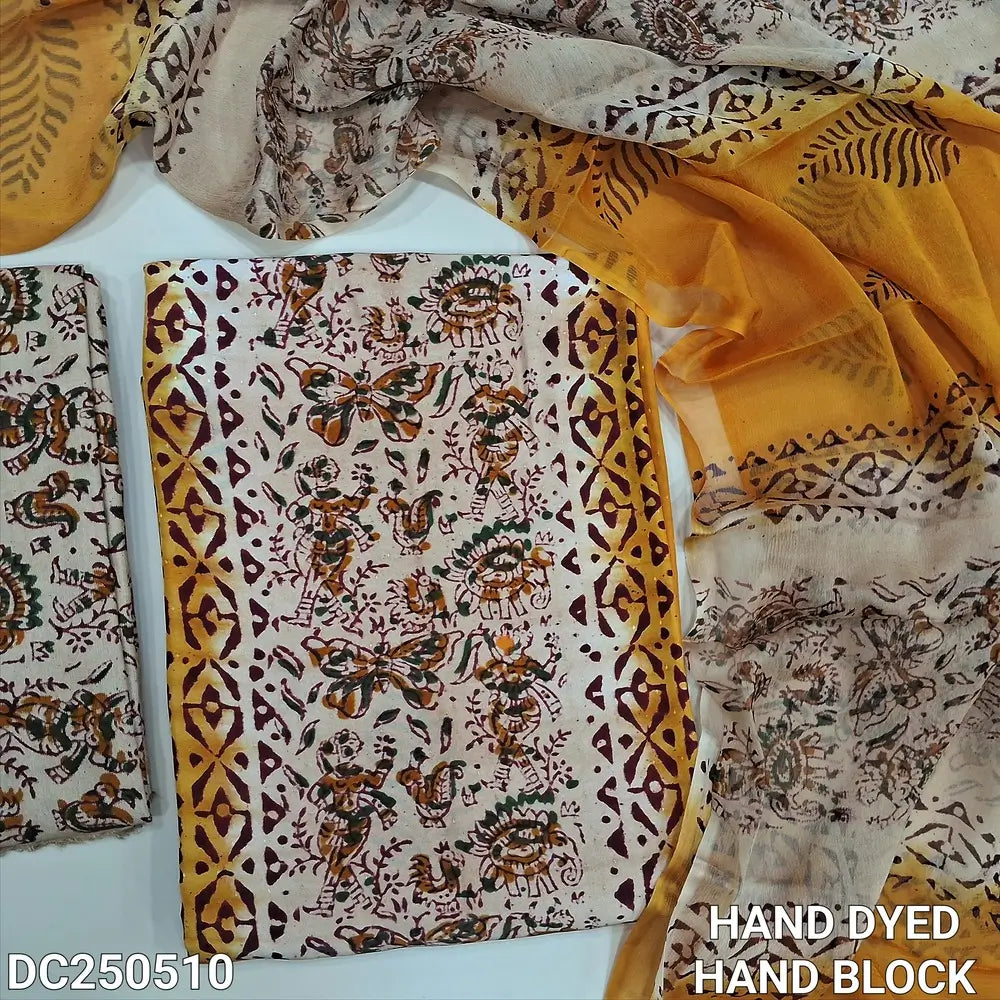 Yellow & Beige crepe silk unstitched salwar material(lining needed) hand block prints allover, block printed santoon bottom, dual shaded hand block printed chiffon dupatta. DC250510(Misprints and overlapping are not considered as defects)