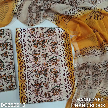 Yellow & Beige crepe silk unstitched salwar material(lining needed) hand block prints allover, block printed santoon bottom, dual shaded hand block printed chiffon dupatta. DC250510(Misprints and overlapping are not considered as defects)