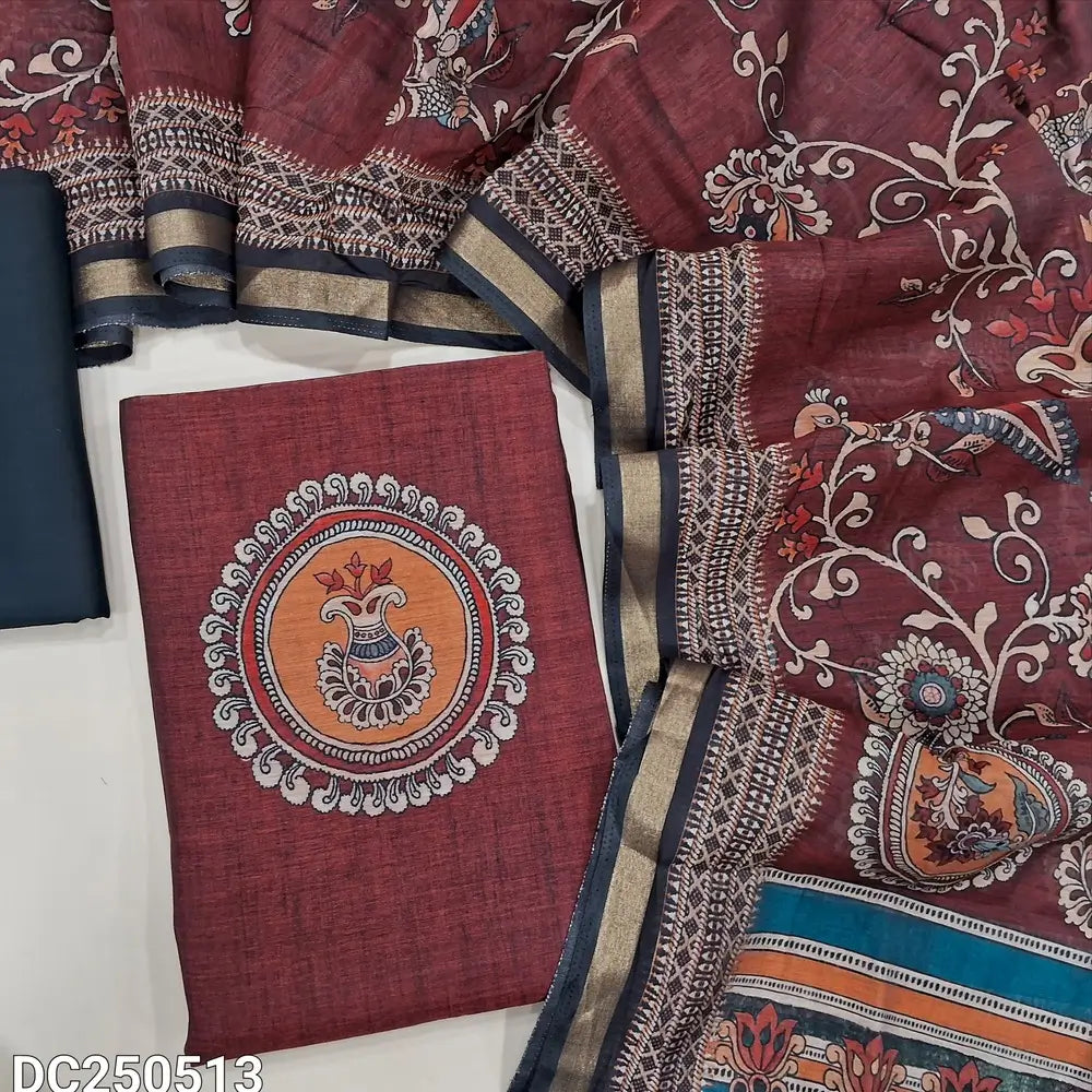 Maroon premium silk cotton unstitched salwar material(lining needed)digital print on yoke, black spun cotton bottom, digital printed silk cotton full length dupatta.DC250513