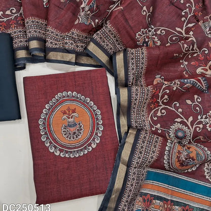 Maroon premium silk cotton unstitched salwar material(lining needed)digital print on yoke, black spun cotton bottom, digital printed silk cotton full length dupatta.DC250513