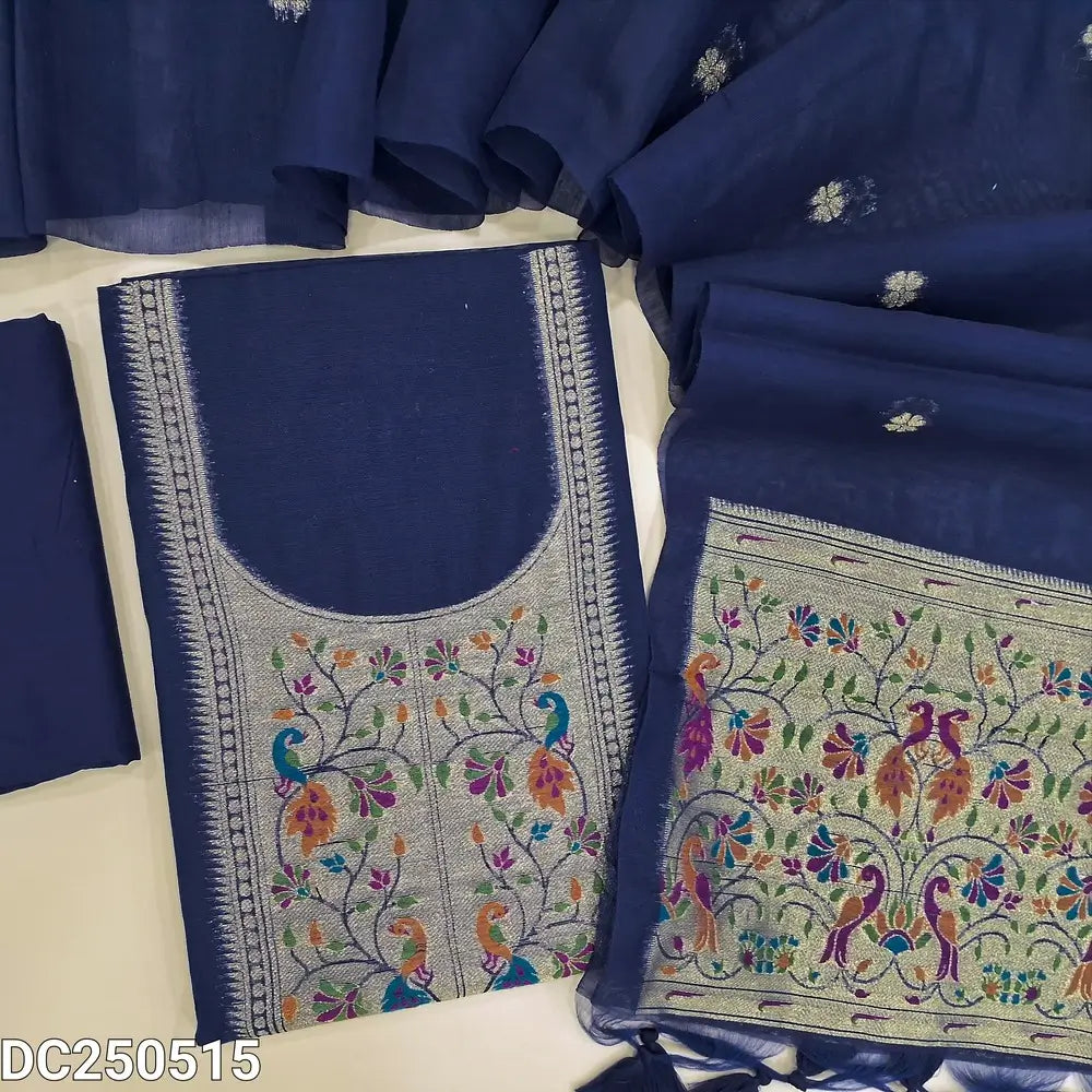 Blue designer premium silk cotton unstitched salwar material, paithani weaving on yoke & daman(lining needed)matching silk cotton bottom, jamdani woven premium silk cotton dupatta with paithani weaving pallu.DC250515