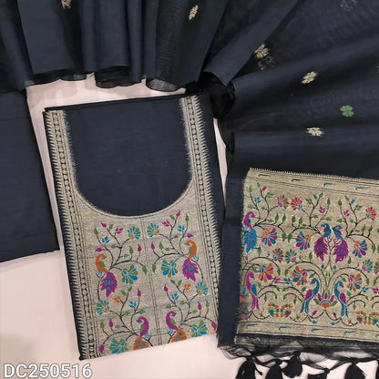 Black designer premium silk cotton unstitched salwar material, paithani weaving on yoke & daman(lining needed)matching silk cotton bottom, jamdani woven premium silk cotton dupatta with paithani weaving pallu.DC250516